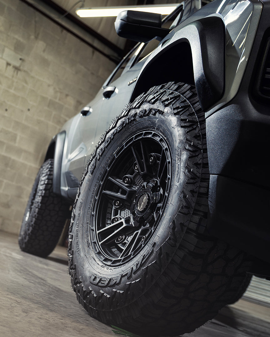Chevrolet Colorado Trail Boss 4PLAY Wheels S01 17x9 Rims 285x75x17 Falken Wildpeak Tires Stock Suspension