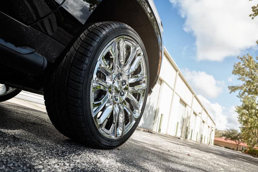 Chevy Suburban Z71 OE Wheels CV57 Chrome 24x10 295x35x24 Sailun Atrezzo SVR LX+