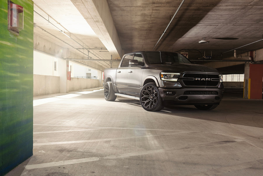 RAM 1500 4PLAY WHEELS 4P83 G3 24X12 ON 335X30X24 CONTINENTAL TIRES STOCK HEIGHT