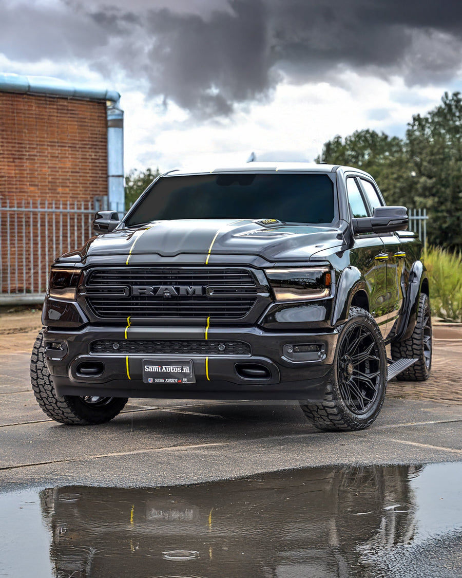 Ram 1500 4PLAY Wheels 4P83 Gloss Black 22x10 Rims 305x45x22 Mickey Thompson Tires Stock Suspension