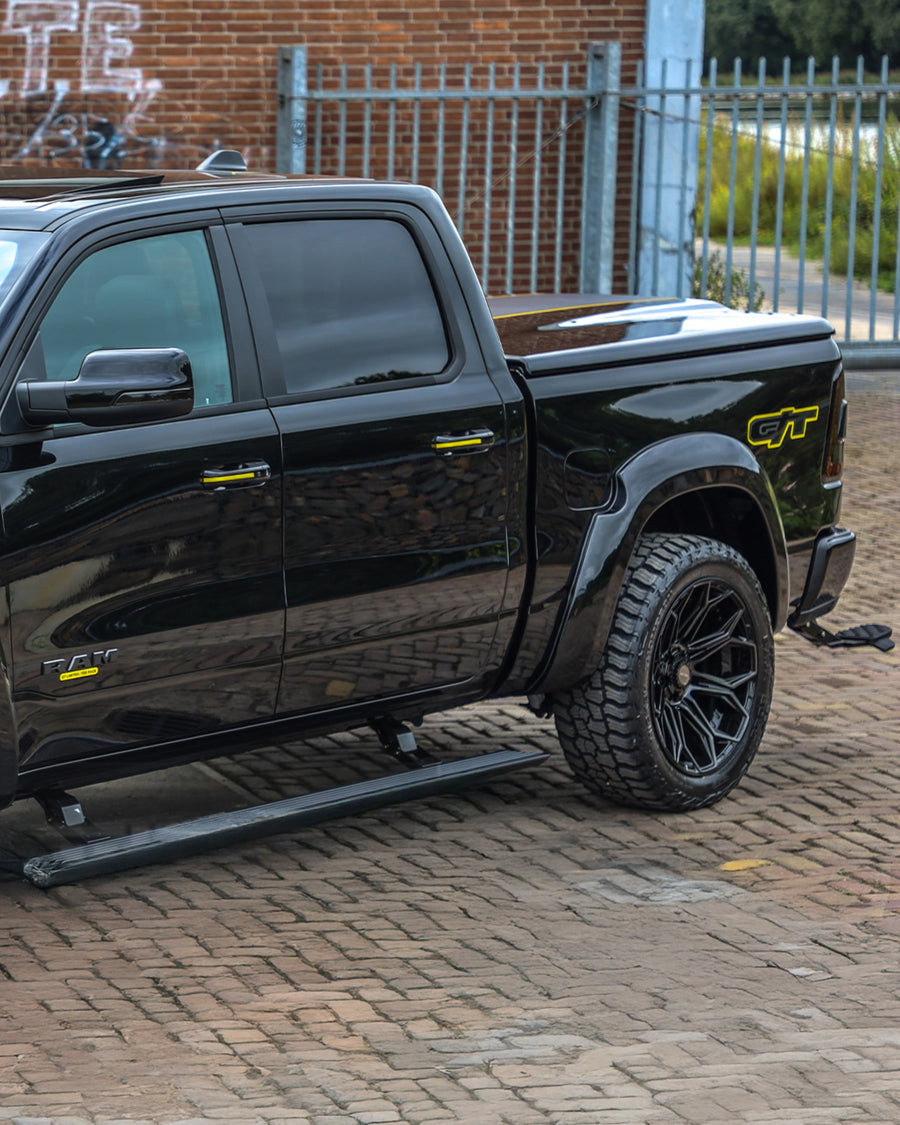 Ram 1500 4PLAY Wheels 4P83 Gloss Black 22x10 Rims 305x45x22 Mickey Thompson Tires Stock Suspension